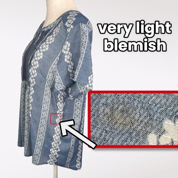 Como Vintage Blue & White Short Sleeve Boho Top Flowy Blouse Medium - Picture 7 of 8